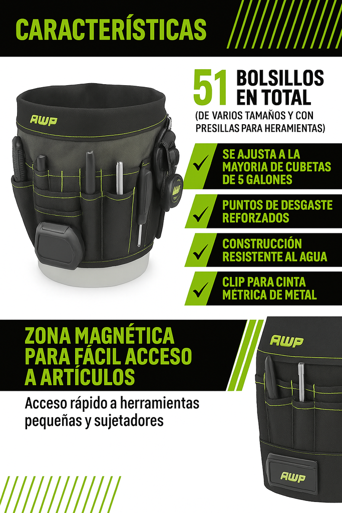 Awp Organizador de Herramientas de Cubo de 51 Bolsillos, Color Negro.